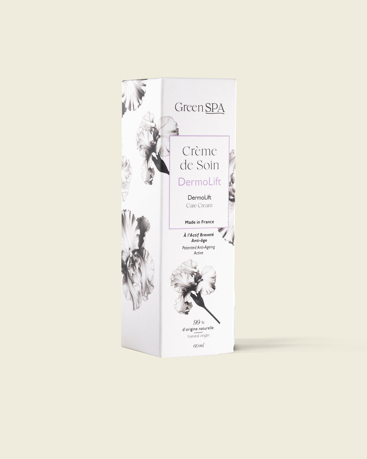 Étui de la Crème de Soin DermoLift Green Spa sur fond clair
