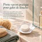 Porte-savon lotus pratique pour accueillir un galet de douche effervescent avec texte explicatif