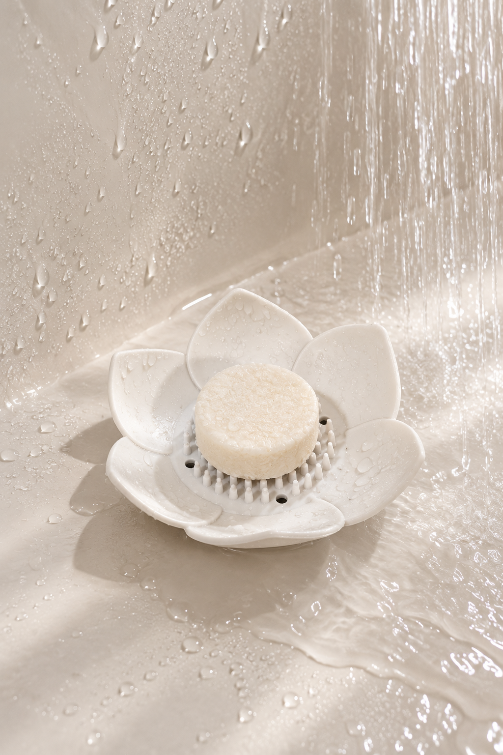 Porte-savon lotus en silicone utilisé sous la douche avec un galet de douche